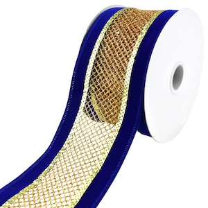 2 1/2 Reversible Velvet/Lurex Wired Ribbon, Navy/Gold