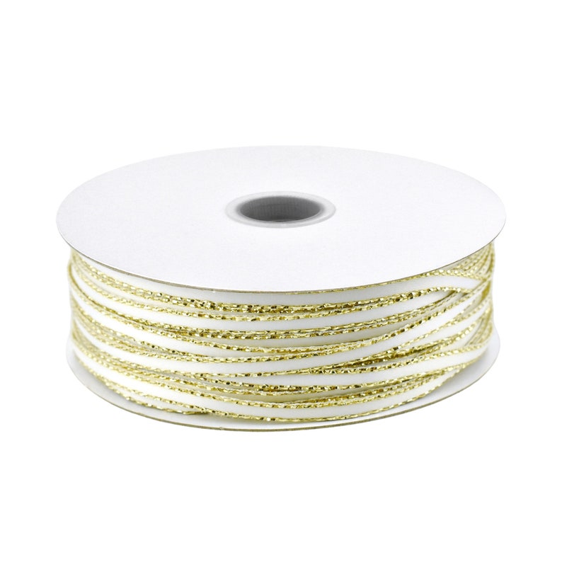 May include: A spool of white ribbon with gold metallic thread running through it.