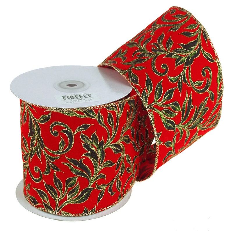 10 Yards RedGreen Poinsettias Glitter Canvas Ribbon Wired Edge