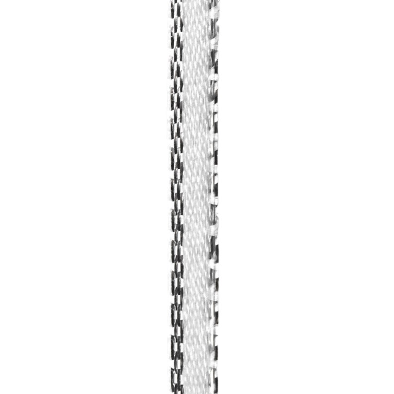 May include: A white ribbon with a black trim. The ribbon has a repeating pattern of small squares.