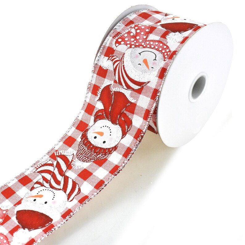 2-12-Inch 10-Yard Happy Snowman Gingham Wired Ribbon