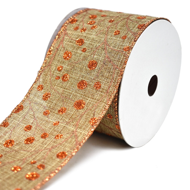 NaturalCopper 2-12-Inch Glitter Berries and Branch Linen Wired Ribbon