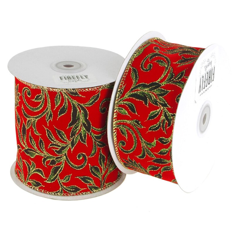 10 Yards RedGreen Poinsettias Glitter Canvas Ribbon Wired Edge