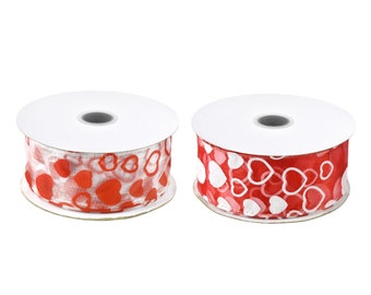 Flocked Heart Organza Wired Edge Ribbon, 1-1/2-inch, 25-yard