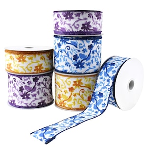 Watercolor Flower Branches Wired Ribbon, 10-yard