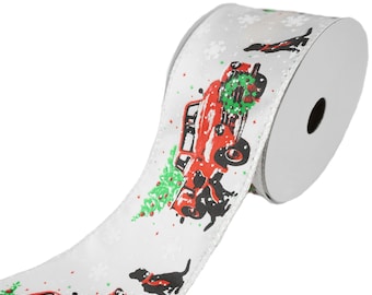 Christmas Tree Pickup Truck Scene Wired Ribbon, 2-1/2-Inch, 10-Yard