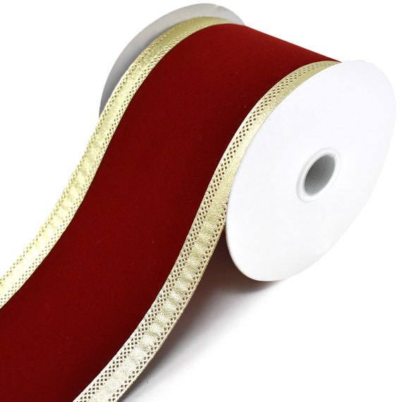 Wired Traditional Red Velvet Christmas Wired Ribbon With Gold Edge