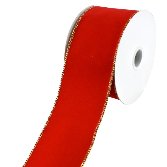 Wired Traditional Red Velvet Christmas Wired Ribbon With Gold Edge