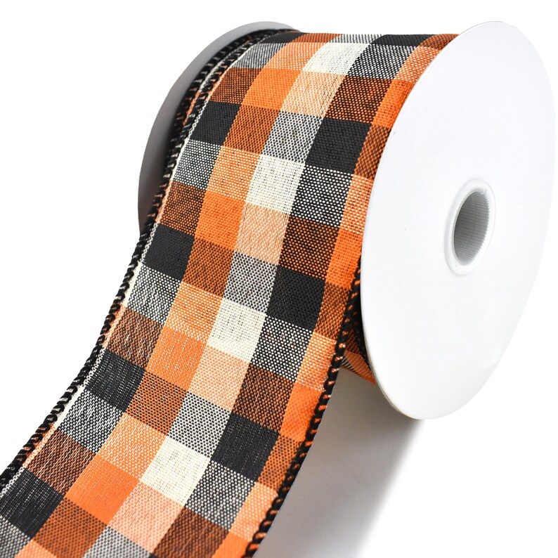 Square Plaid Wired Ribbon 2-12-Inch 10-Yard IvoryOrangeBlack