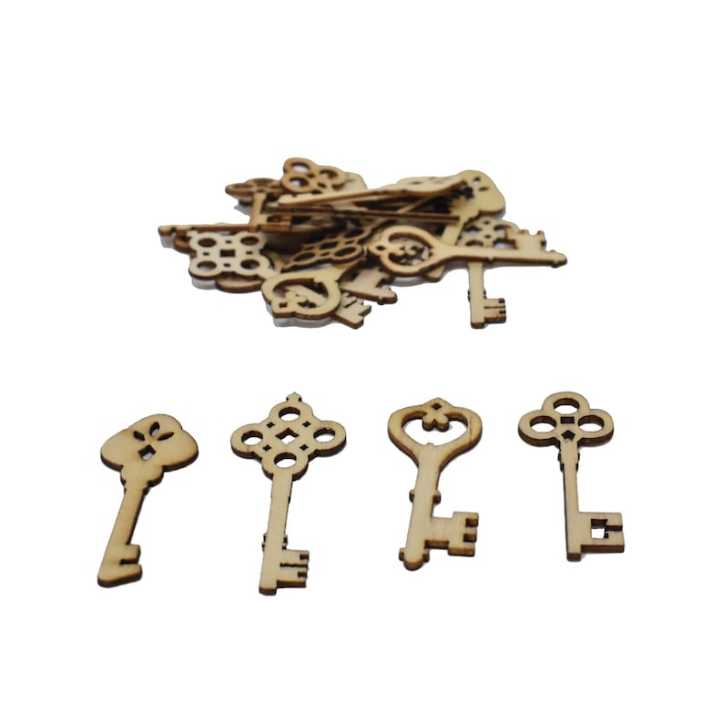 20-Piece Natural Laser Cut Assorted Wood Vintage Keys