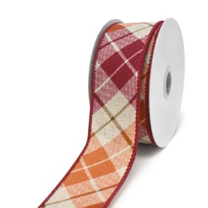 Diagonal Plaid Pattern Wired Ribbon, Red/Orange, 10-Yard