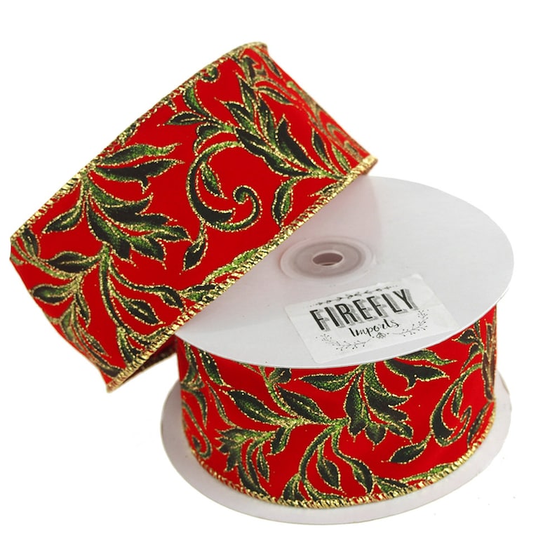 10 Yards RedGreen Poinsettias Glitter Canvas Ribbon Wired Edge