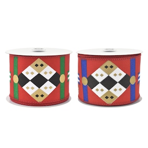 May include: Two spools of red ribbon with a geometric pattern. The design features black, white, and gold diamonds, with green and blue vertical stripes. The ribbon is suitable for crafts, gift wrapping, and holiday decorations.