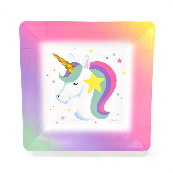 Rainbow Unicorn Square Plates, 7-Inch, 8-Count