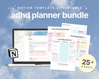 ADHD デジタル プランナー バンドル || Notion テンプレート + 印刷可能な ADHD ライフ プランナー | デイリー プランナー | ウィークリー プランナー | Notion ダッシュボード