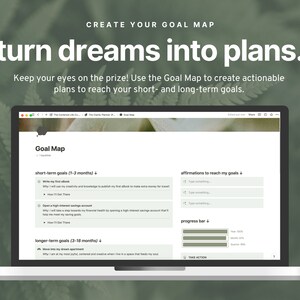 Może przedstawiać: Ekran laptopa wyświetlający stronę internetową z tekstem "Goal Map" i listą cel&oacute;w kr&oacute;tkoterminowych i długoterminowych. Strona internetowa została zaprojektowana, aby pom&oacute;c użytkownikom w tworzeniu plan&oacute;w działania w celu osiągnięcia swoich cel&oacute;w.