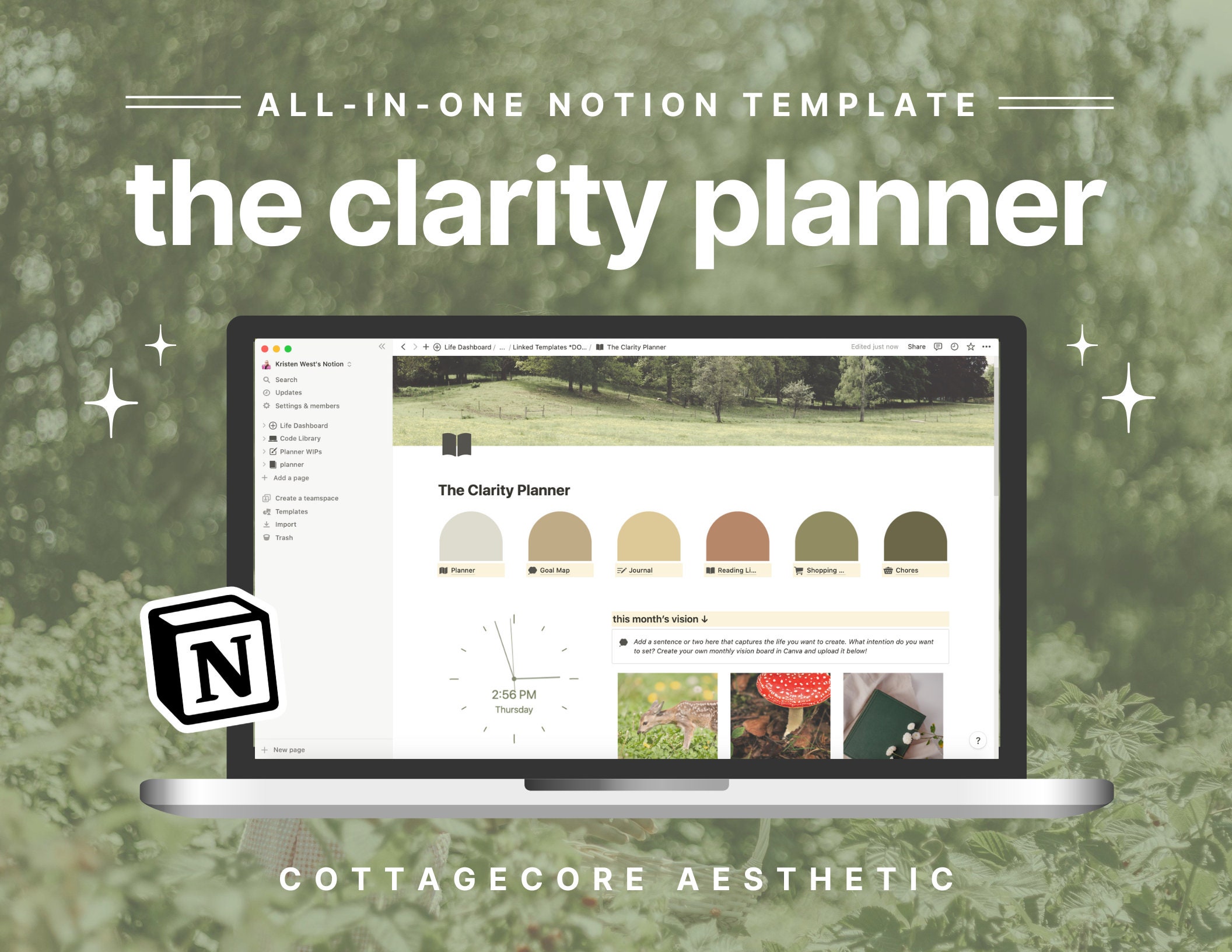 Notion Template || Cottagecore Aesthetic Digital Planner | Notion Planner | Notion Dashboard | Notion Calendar