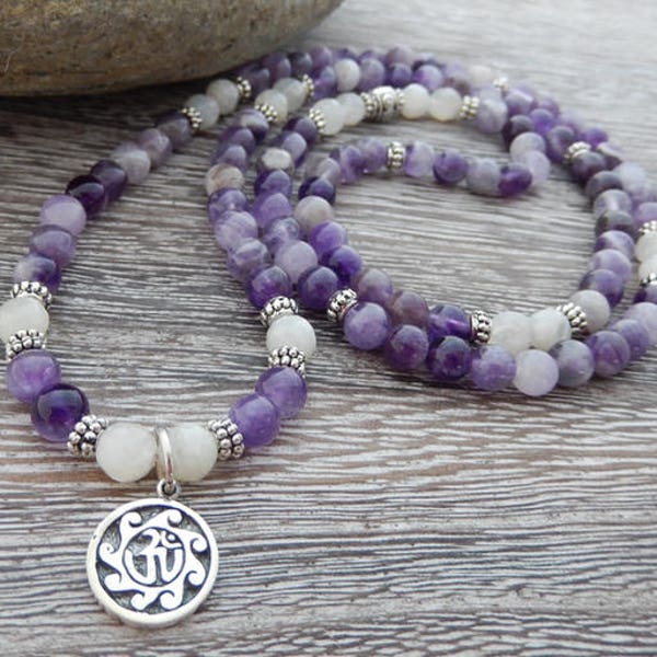 Moonstone & Amethyst Mala, Yoga Wrap Bracelet, Meditation Necklace, 108 Prayer Beads, Sterling OM Pendant, Chrystal Healing, Reiki infused