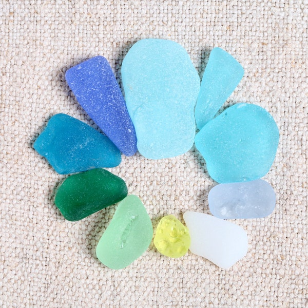 Genuine Blue, Cobalt, Teal, Lime and Yellow Craft Quality Surf Tumbled Sea Glass / 10 pieces (sg-0010-74)