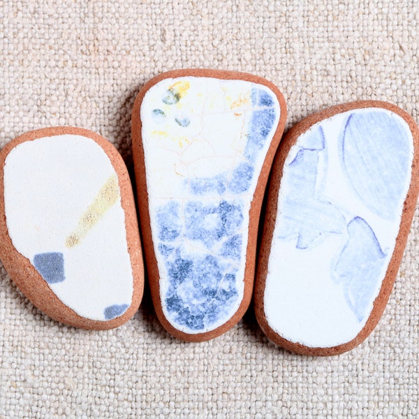 Genuine Adriatic Patterned White, Blue and Yellow Sea Pottery / 3 pieces (sp-0003-36)