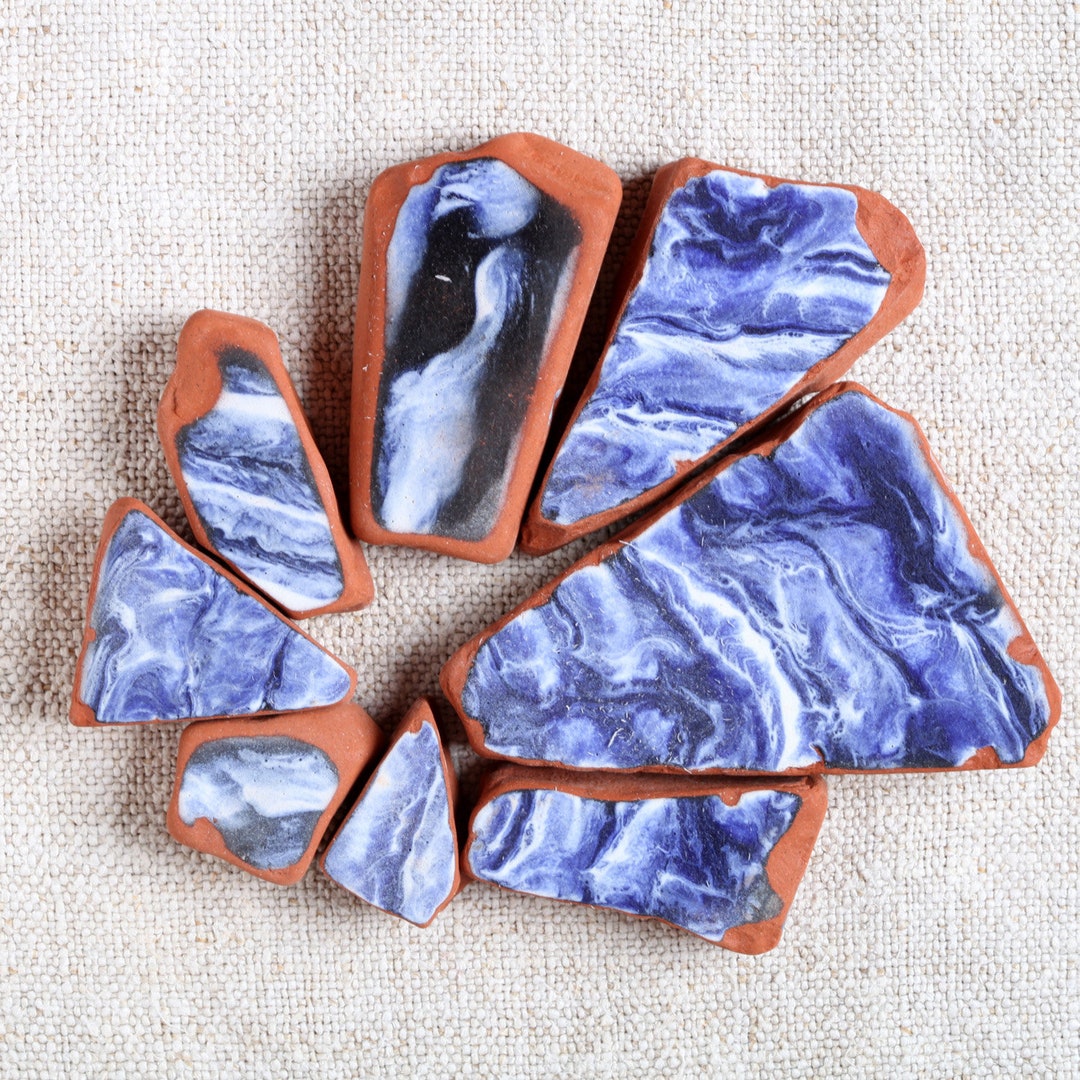 Italian Genuine Large Blue Patterned Beach Pottery / 8 Pieces sp-0008 ...