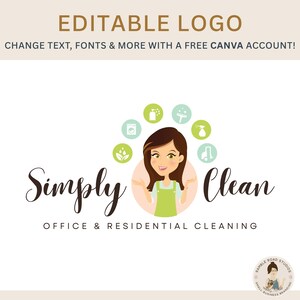 May include: An editable logo design featuring the text Simply Clean Office & Residential Cleaning. A cartoon character in a green apron is centered with icons of cleaning supplies in a semi-circle above. The background is white.