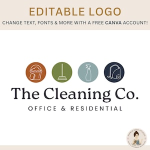 May include: Logo design for "The Cleaning Co." featuring four circular icons representing cleaning supplies. The company name is in a bold, dark font, with "OFFICE & RESIDENTIAL" below. The text "EDITABLE LOGO" is at the top.