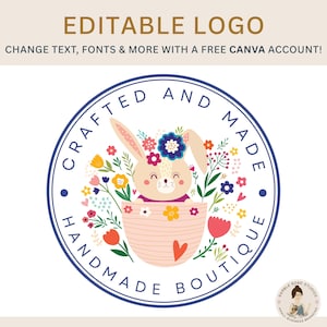 Bewerkbare sjabloon met bloemenhaaslogo – doe-het-zelfcanvasjabloon voor boetiek, cadeauwinkel, handgemaakte ontwerper en meer – eenvoudig aan te passen in canva!