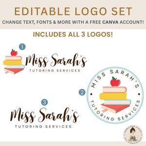 Editable Book Stack Logo Templates – DIY Canva Templates for Preschool, Tutor & More – Easy to Customize in Canva! Includes THREE Logos!