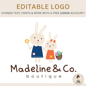 Bewerkbare sjabloon schattige konijntjes-logo – doe-het-zelfcanva-sjabloon voor boetiek, handgemaakte studio, cadeauwinkel en meer – eenvoudig aan te passen in canva!