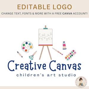 Bewerkbare sjabloon met logo voor kunstbenodigdheden: doe-het-zelfcanvasjabloon voor kunststudio, klassen, kunstenaarsboetiek en meer: eenvoudig aan te passen in canva!