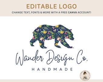 Plantilla de logotipo de oso floral: Marca de boutique DIY (Editable en Canva, descarga instantánea)
