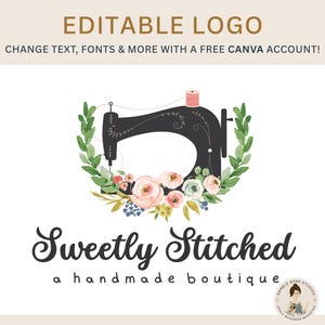 Floral Sewing Machine Logo Template: DIY Boutique Branding (Canva Editable, Instant Download) image 1