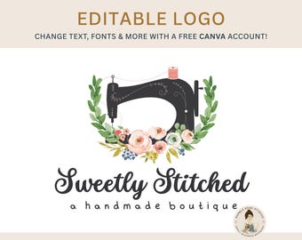 Edytowalne logo maszyny do szycia z motywem kwiatowym: DIY Branding {Szablon Canva}