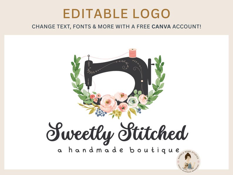 Floral Sewing Machine Logo Template: DIY Boutique Branding (Canva Editable, Instant Download) image 1