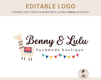 Logotipo editable de alpaca, llama y banderines: Canva DIY (Descarga digital)