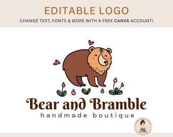 Plantilla de logotipo de oso editable: Marca de boutique DIY (Plantilla de Canva)