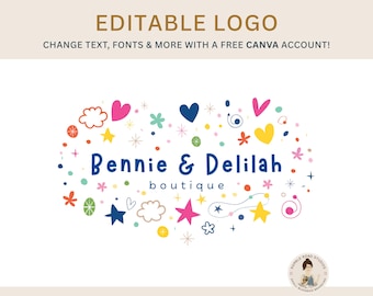 May include: A colorful logo design for "Bennie & Delilah boutique" with the text "EDITABLE LOGO" at the top. The design includes hearts, stars, and other decorative elements. The text "CHANGE TEXT, FONTS & MORE WITH A FREE CANVA ACCOUNT!" is also included.
