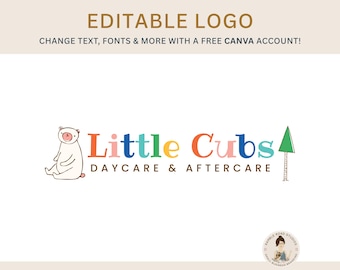 Plantilla de logotipo de oso y árbol: marca para guardería (editable en Canvas)