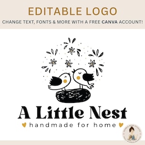 Bewerkbare sjabloon met logo voor vogels en nest – doe-het-zelfcanva-sjabloon voor boetiek, handgemaakte studio, cadeauwinkel en meer – eenvoudig aan te passen in canva!