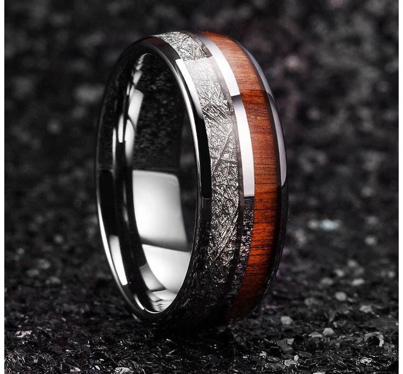 Meteorite Koa Wood Tungsten Carbide Wedding Ring Band Mens