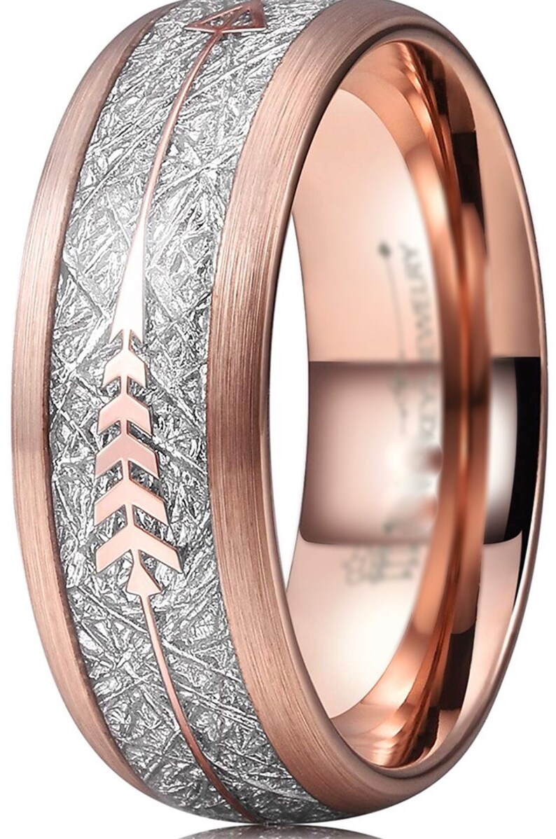 Mens Wedding Band Arrow Feather Meteorite Rose Gold Etsy