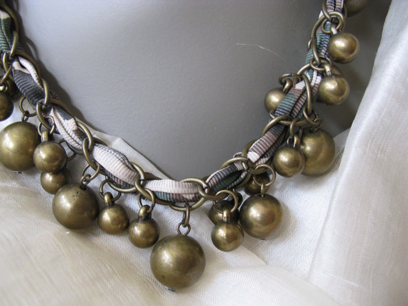 Vintage Brass Bead /& Ribbon Necklace Statement Artist Minimalist Grunge Hippie Boho Chic Tribal Casual Free Spirit Style WhenRosesBloom