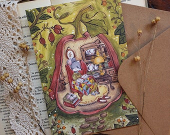 Mouse in pumpkin house I Postcard I Print