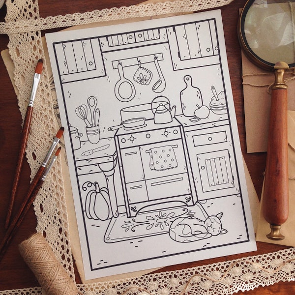 Cozy kitchen with cat, Coloring page, Cottagecore kitchen, Adult coloring