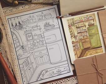 Kitchen Coloring page, Cottagecore kitchen, Adult coloring