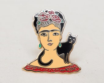 Frida Kahlo Inspired Portrait and Black Cat Enamel Pin - Lapel Pin - Badge