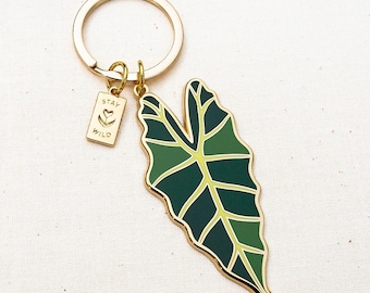 Alocasia Leaf Enamel Keychain: Gold Tropical Plant Lover Gift