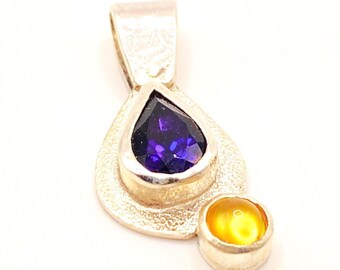 Amethyst & Citrine Sterling Silver Pendant: Unique Handmade Natural Gemstone Jewellery