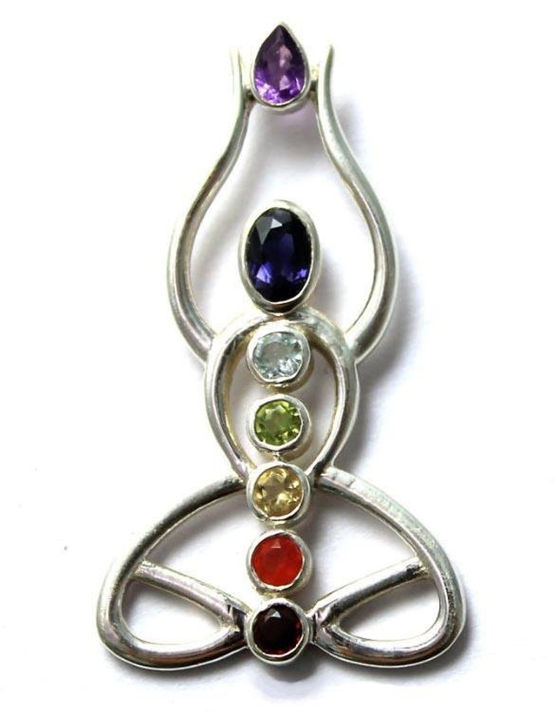 Yogi Chakra Pendant on Silver Chain Handmade in Sterling Silver with 7 Natural Gems image 1